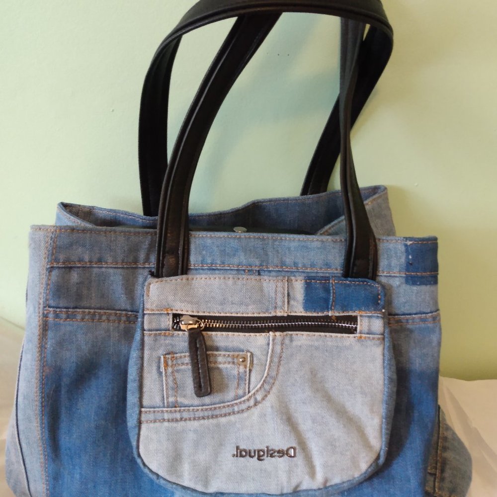 Desigual Blue Denim Tote Bag with Black Handles